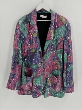Sandy Starkman Vintage Jacket Womens Large Pink Purple Blue Sequins Pockets